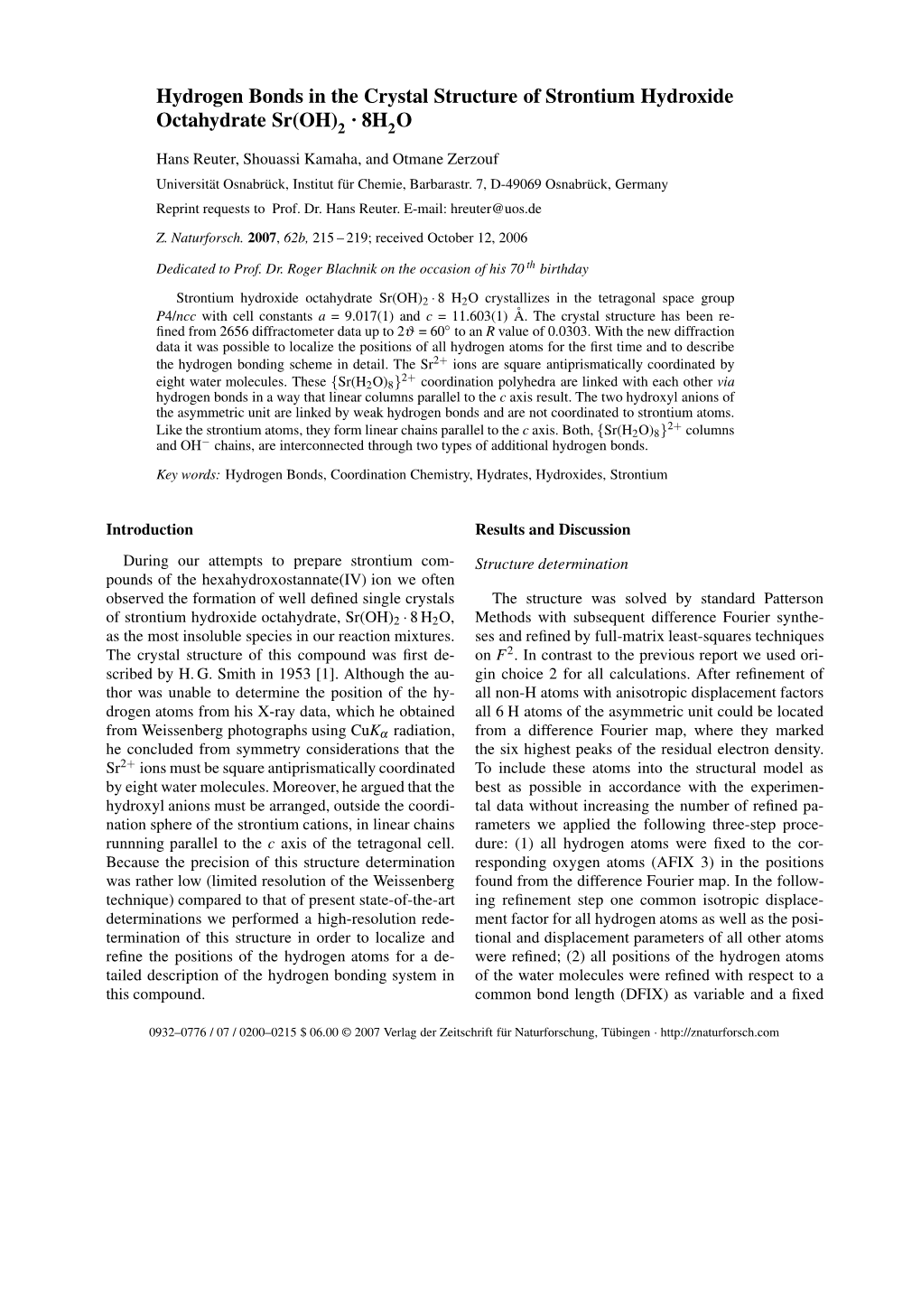 Hydrogen Bonds in the Crystal Structure of Strontium Hydroxide