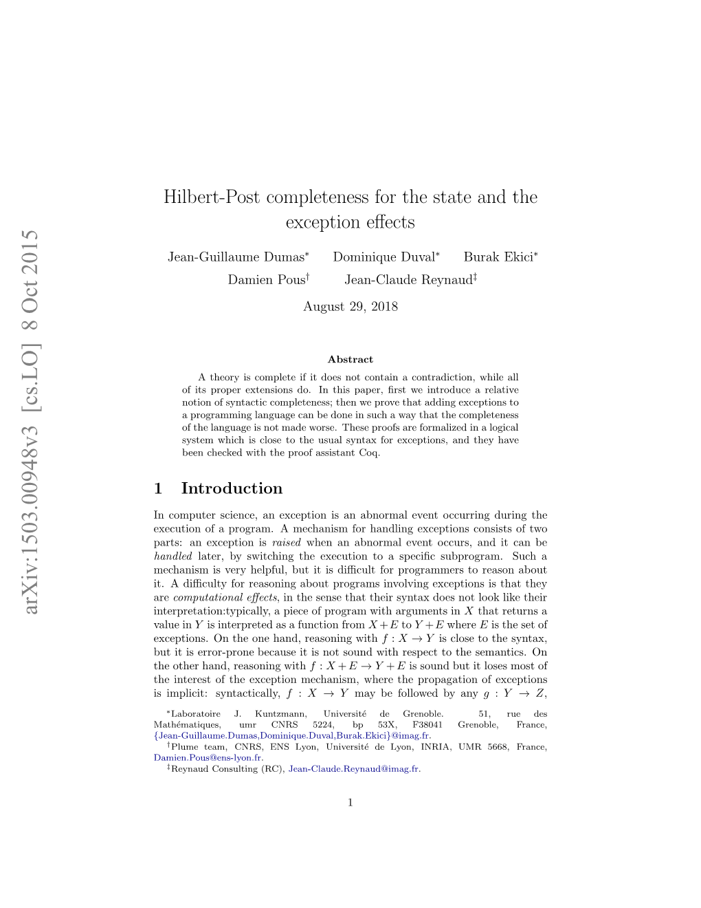 Hilbert-Post Completeness for the State and the Exception Effects