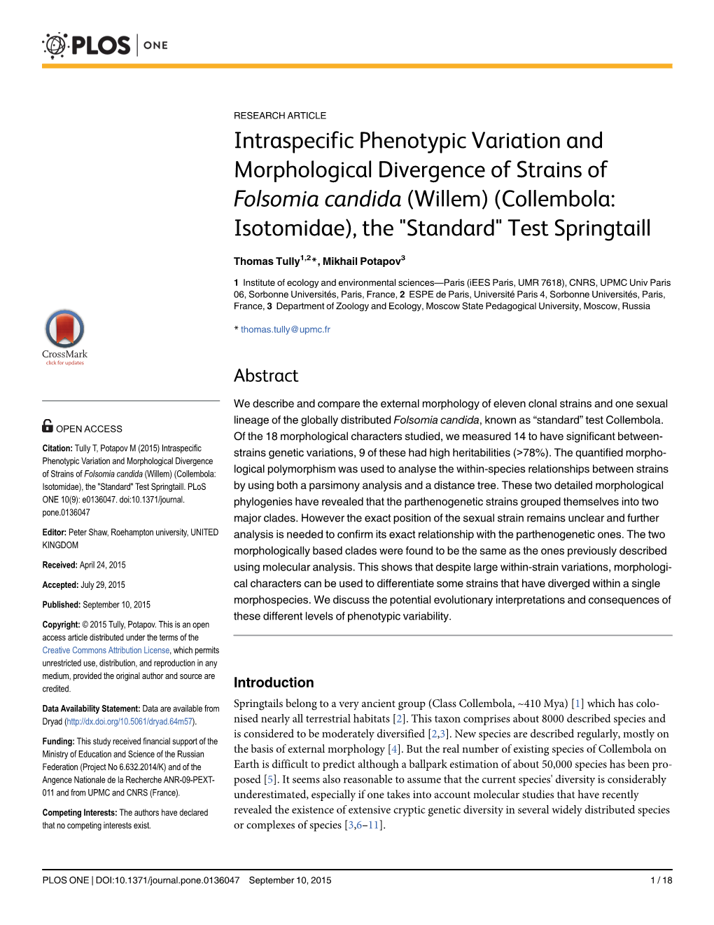 Intraspecific Phenotypic Variation and Morphological Divergence of Strains of Folsomia Candida (Willem) (Collembola: Isotomidae), the 