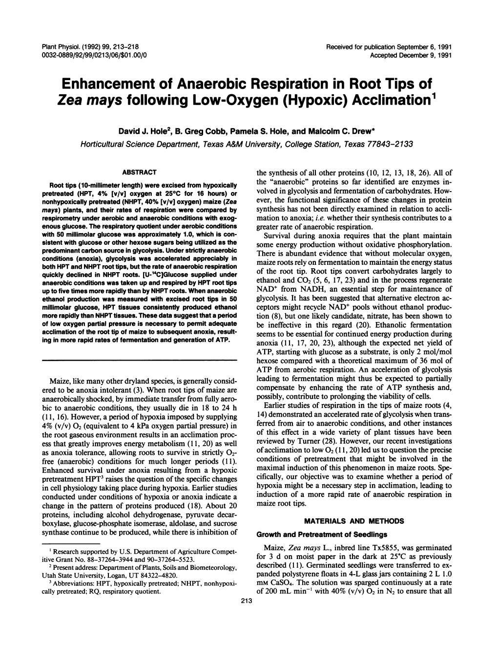 Enhancement of Anaerobic Respiration in Root Tips of Zea Mays Following Low-Oxygen (Hypoxic) Acclimation'