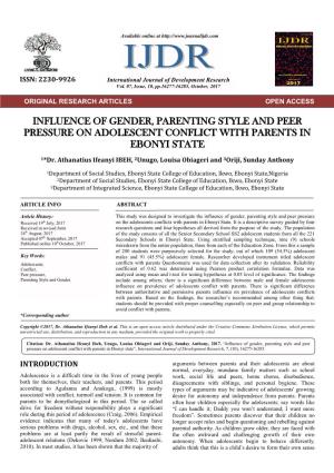 Influence of Gender, Parenting Style and Peer Pressure on Adolescent Conflict with Parents in Ebonyi State