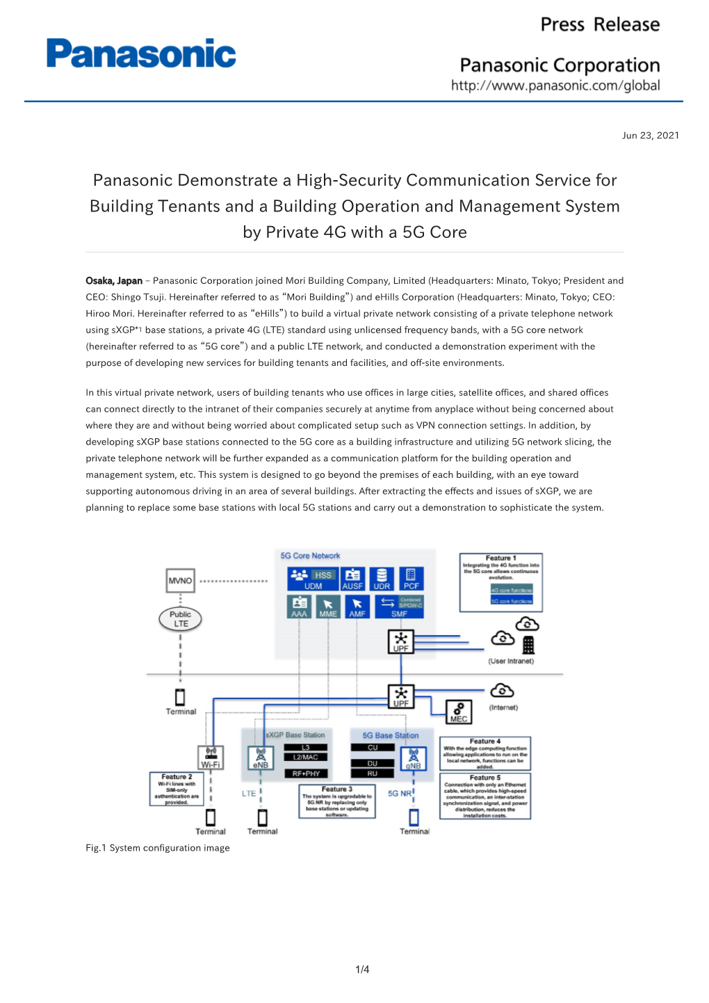 Panasonic Demonstrate a High-Security Communication Service for Building Tenants and a Building Operation and Management System by Private 4G with a 5G Core