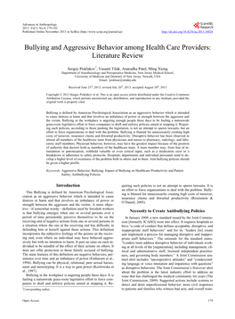 Bullying and Aggressive Behavior Among Health Care Providers: Literature Review