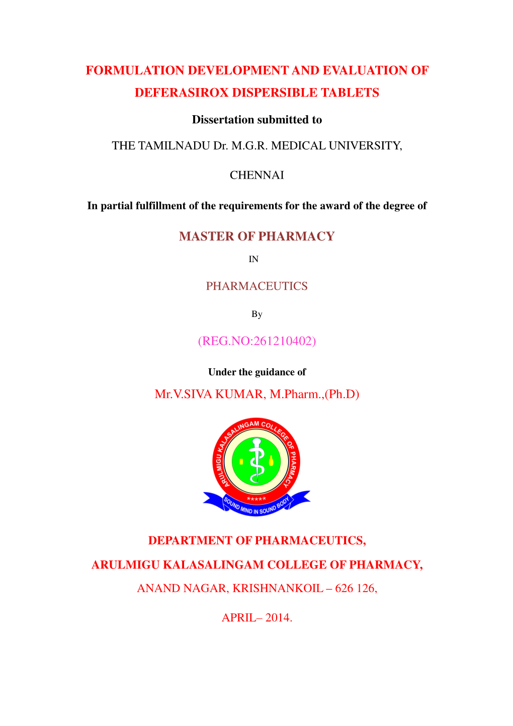 Formulation Development and Evaluation of Deferasirox Dispersible Tablets