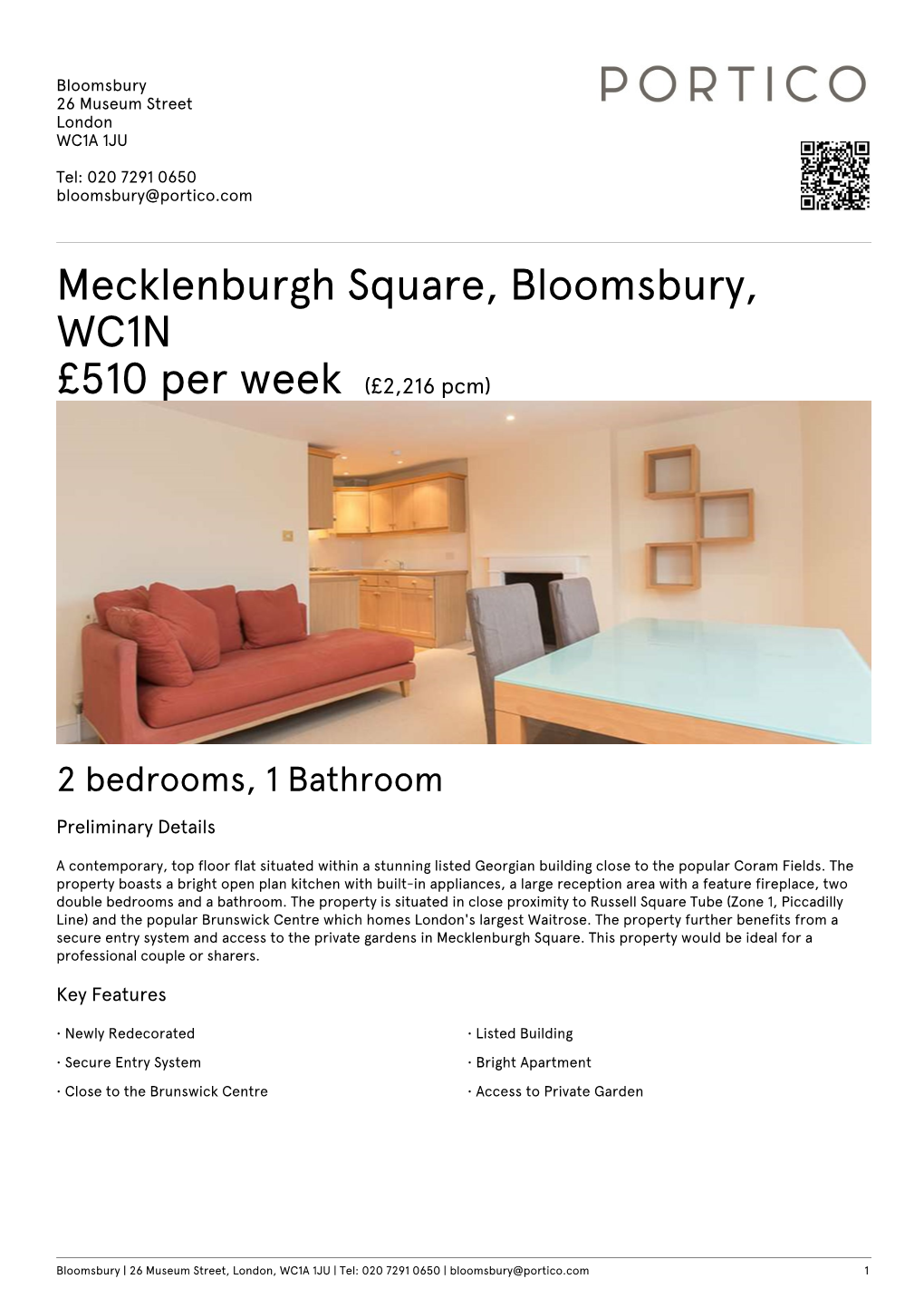 Mecklenburgh Square, Bloomsbury, WC1N £510 Per Week