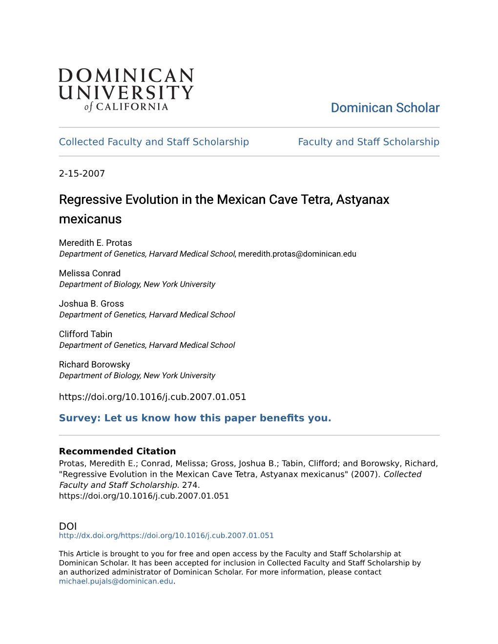 Regressive Evolution in the Mexican Cave Tetra, Astyanax Mexicanus