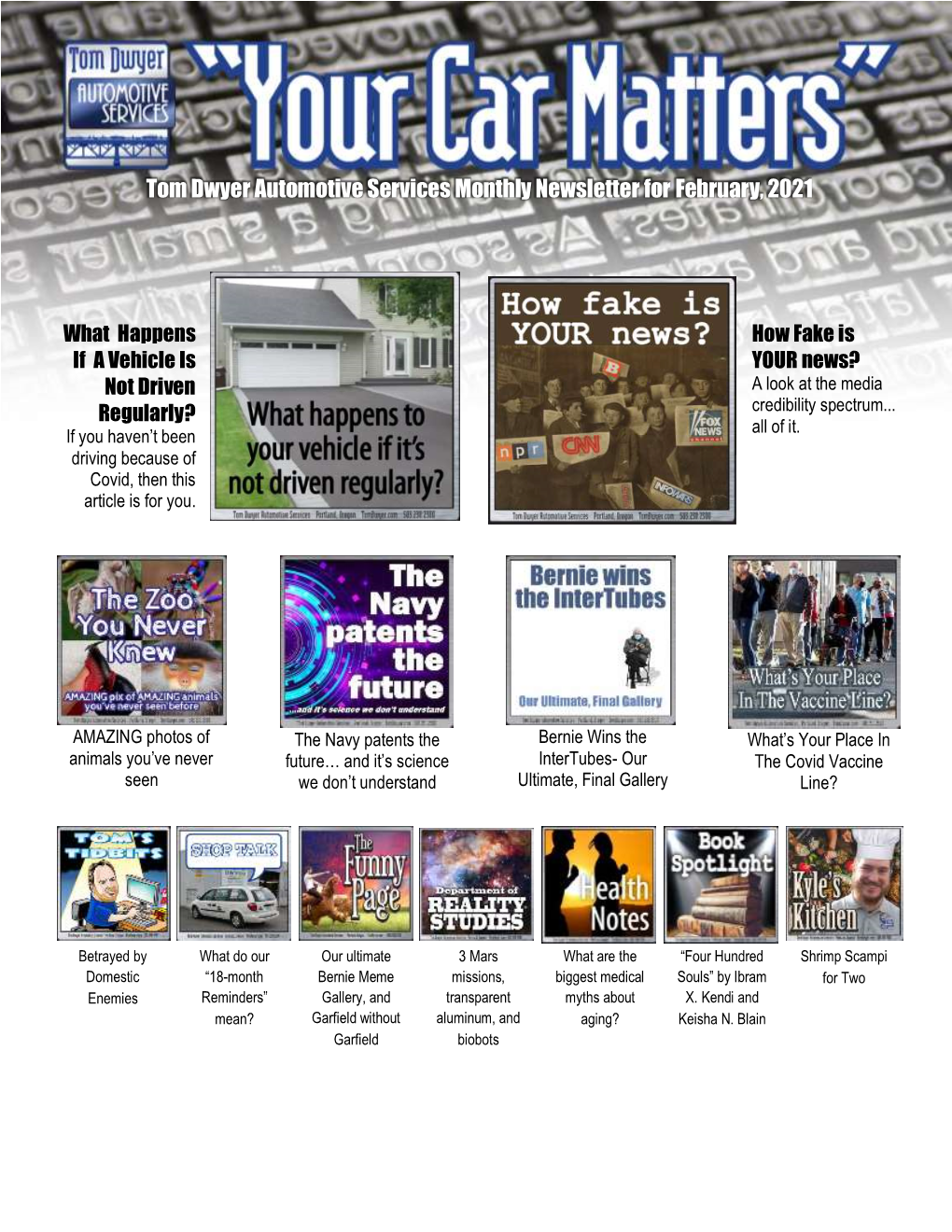 Tom Dwyer Automotive Services Monthly Newsletter for February, 2021