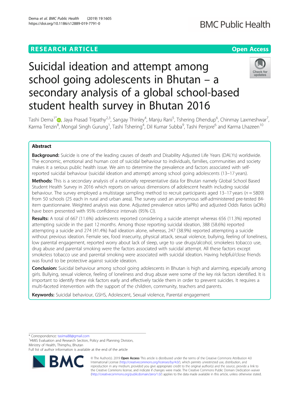 Suicidal Ideation and Attempt Among School Going Adolescents in Bhutan