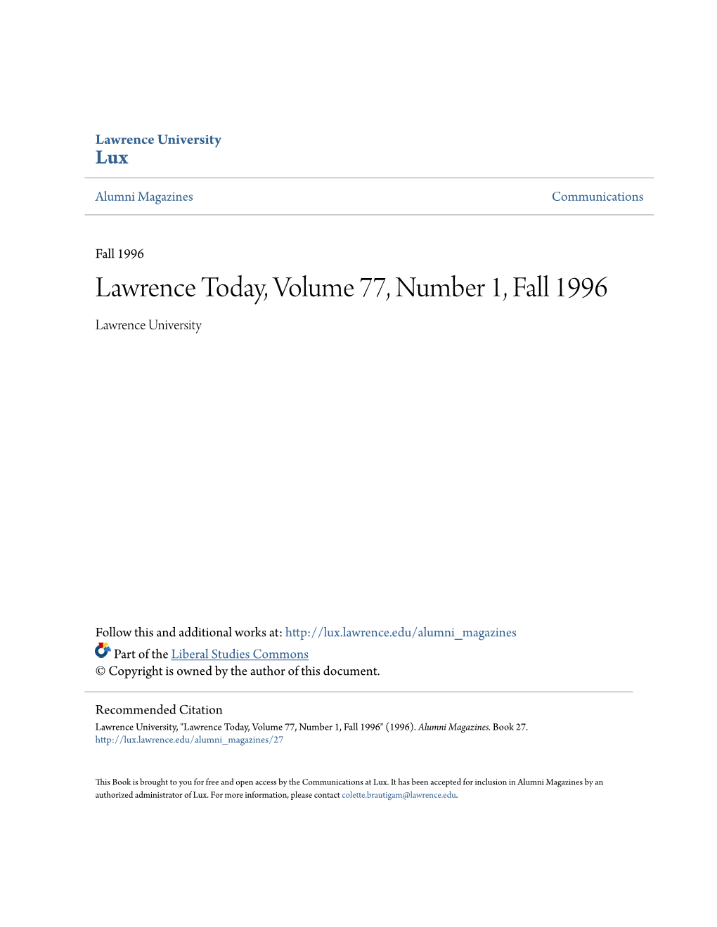 Lawrence Today, Volume 77, Number 1, Fall 1996 Lawrence University