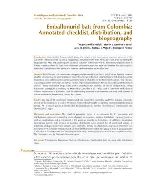 Emballonurid Bats from Colombia: Annotated Checklist, Distribution, and Biogeography Hugo Mantilla-Meluk1*, Héctor E
