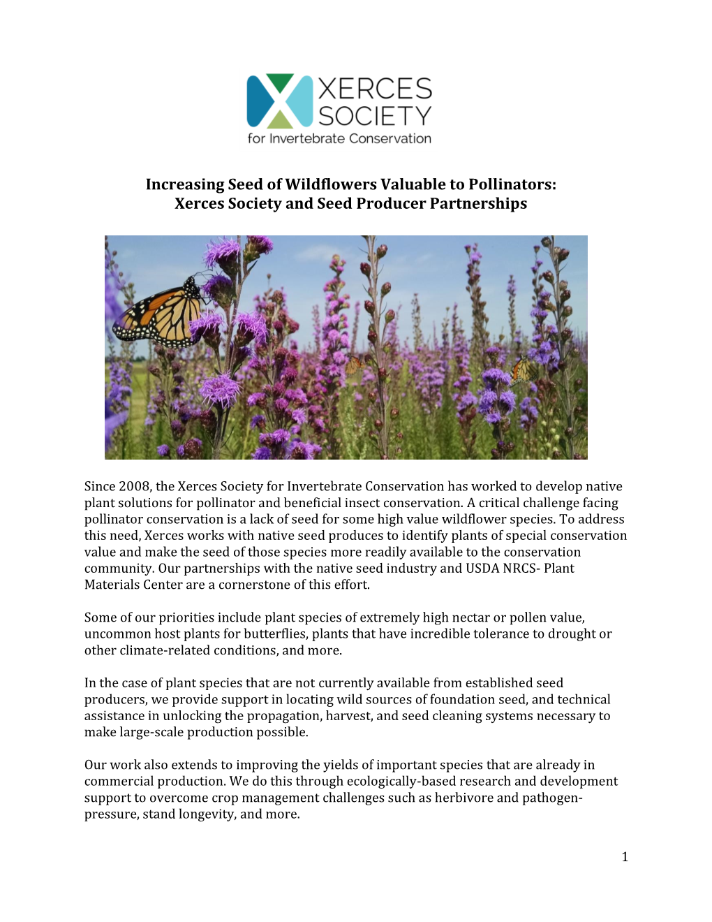 Increasing Seed of Wildflowers Valuable to Pollinators: Xerces Society and Seed Producer Partnerships