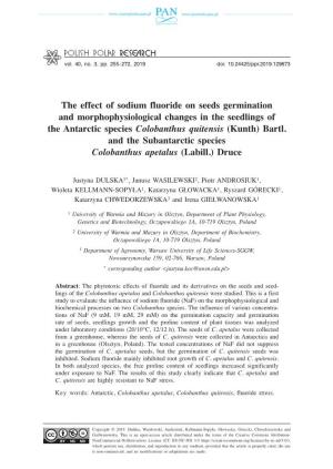 The Effect of Sodium Fluoride on Seeds Germination and Morphophysiological Changes in the Seedlings of the Antarctic Species Colobanthus Quitensis (Kunth) Bartl