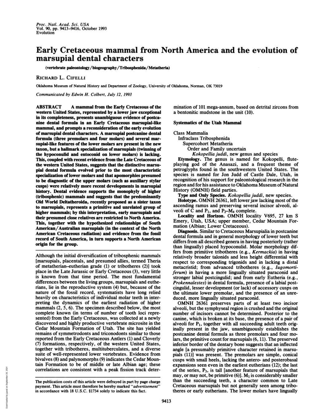 Marsupial Dental Characters (Vertebrate Paleontology/Biogeography/Tribosphenida/Metatheria) RICHARD L