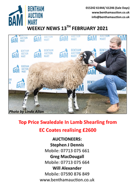 WEEKLY NEWS 13 FEBRUARY 2021 Top Price Swaledale in Lamb