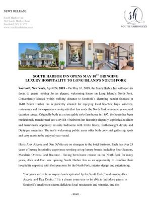 South Harbor Inn Opens May 10Th Bringing Luxury Hospitality to Long Island’S North Fork