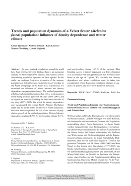 Trends and Population Dynamics of a Velvet Scoter (Melanitta Fusca