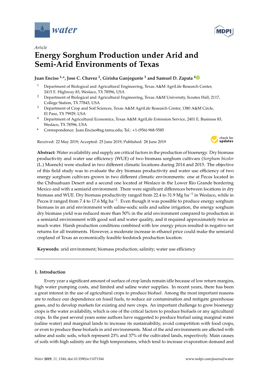 Energy Sorghum Production Under Arid and Semi-Arid Environments of Texas
