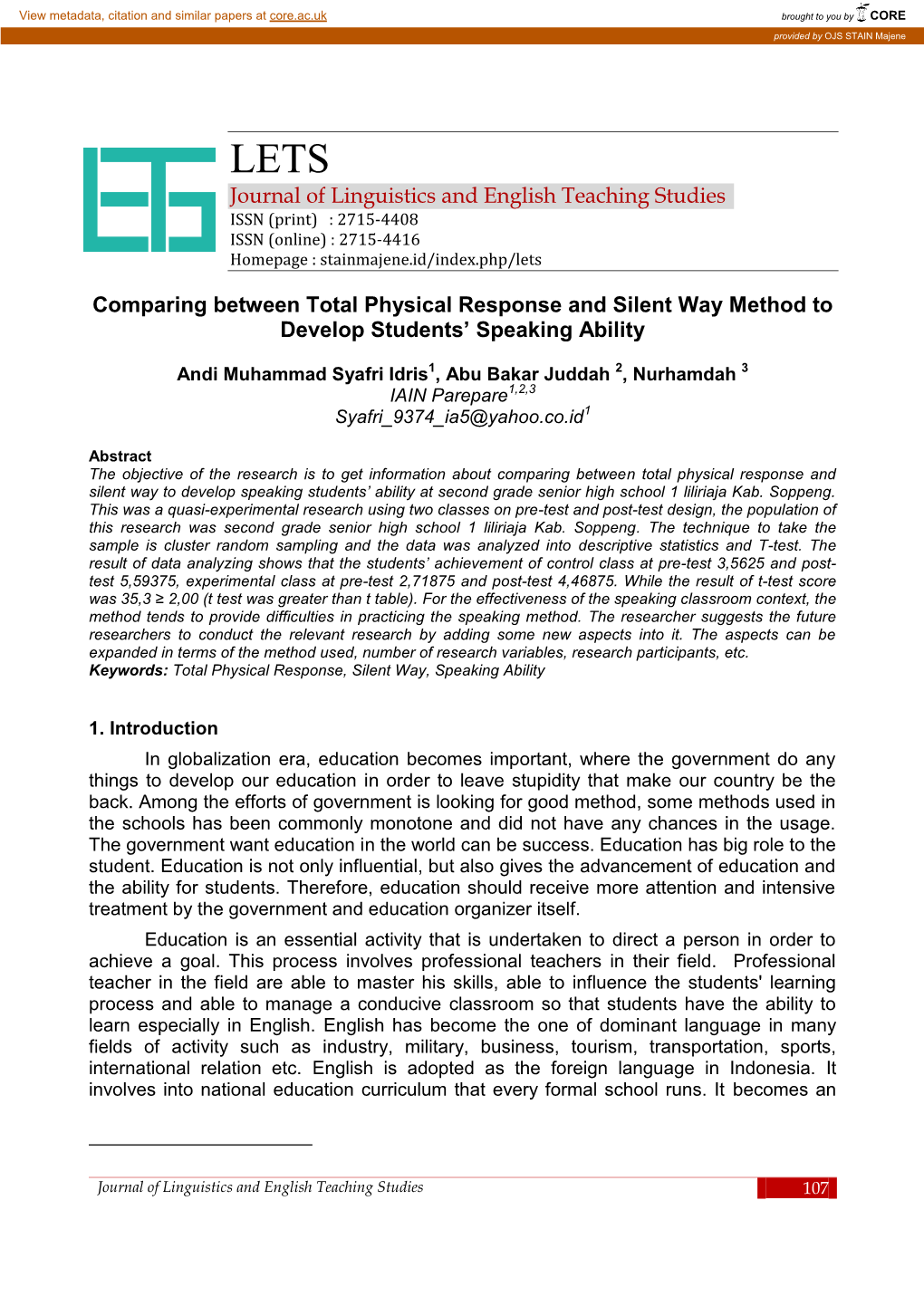 Journal of Linguistics and English Teaching Studies Comparing