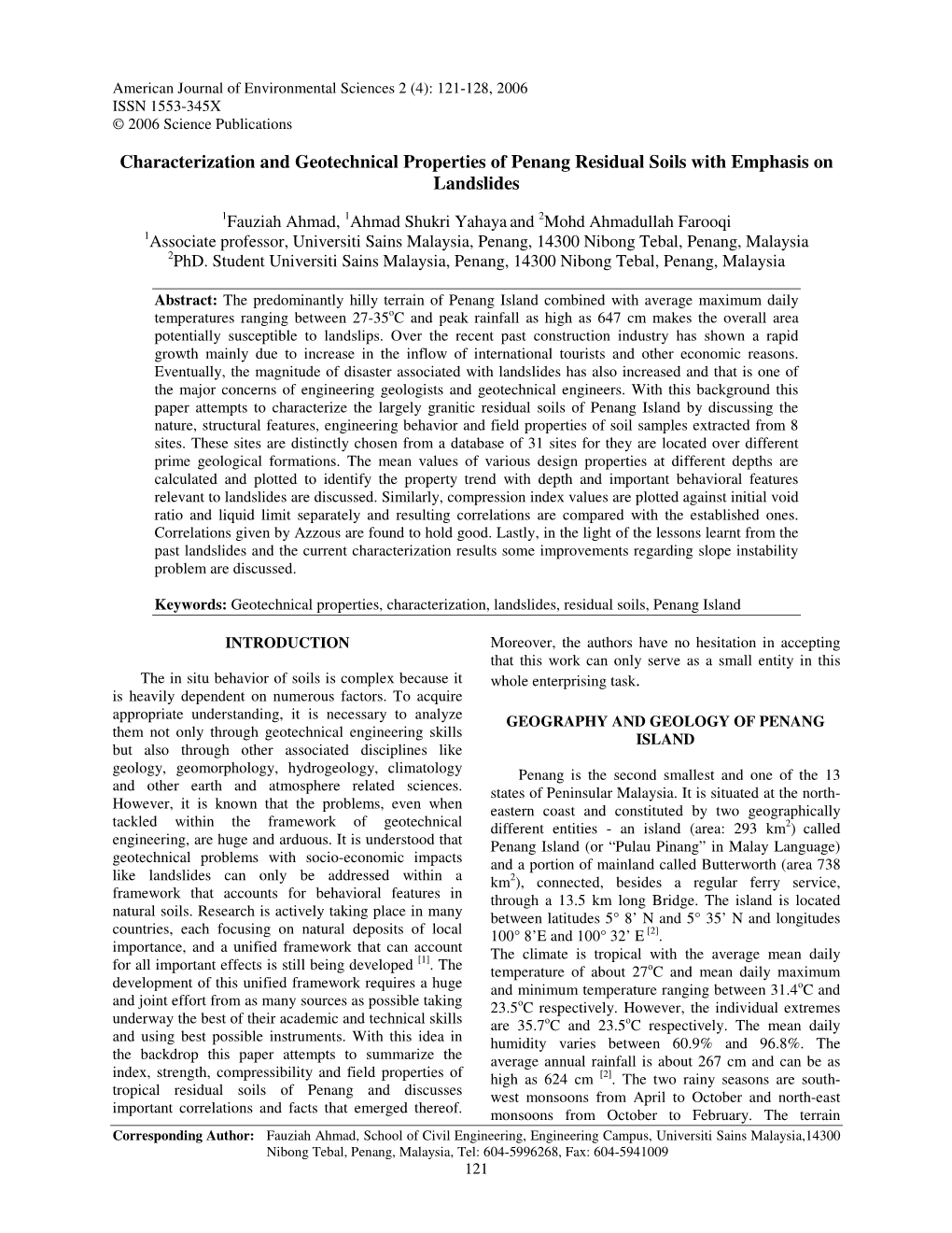 Characterization and Geotechnical Properties of Penang Residual Soils with Emphasis on Landslides