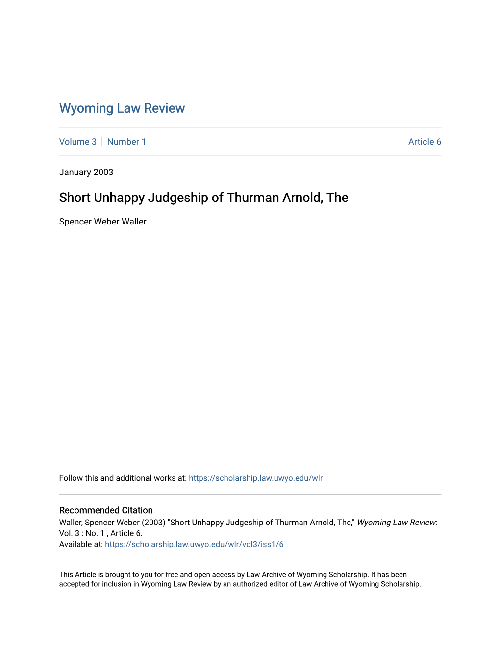 Short Unhappy Judgeship of Thurman Arnold, The