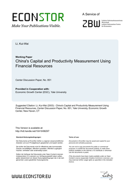 China's Capital and Productivity Measurement Using Financial Resources