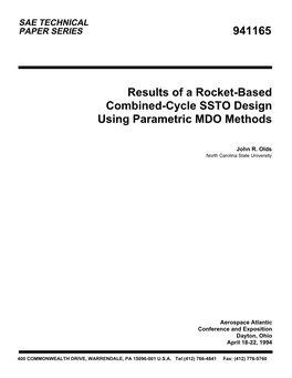 941165 Results of a Rocket-Based Combined-Cycle SSTO Design Using Parametric MDO Methods