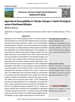Agricultural Susceptibility to Climate Change in Varied Ecological Areas of Northwest Ethiopia Menberu Teshome