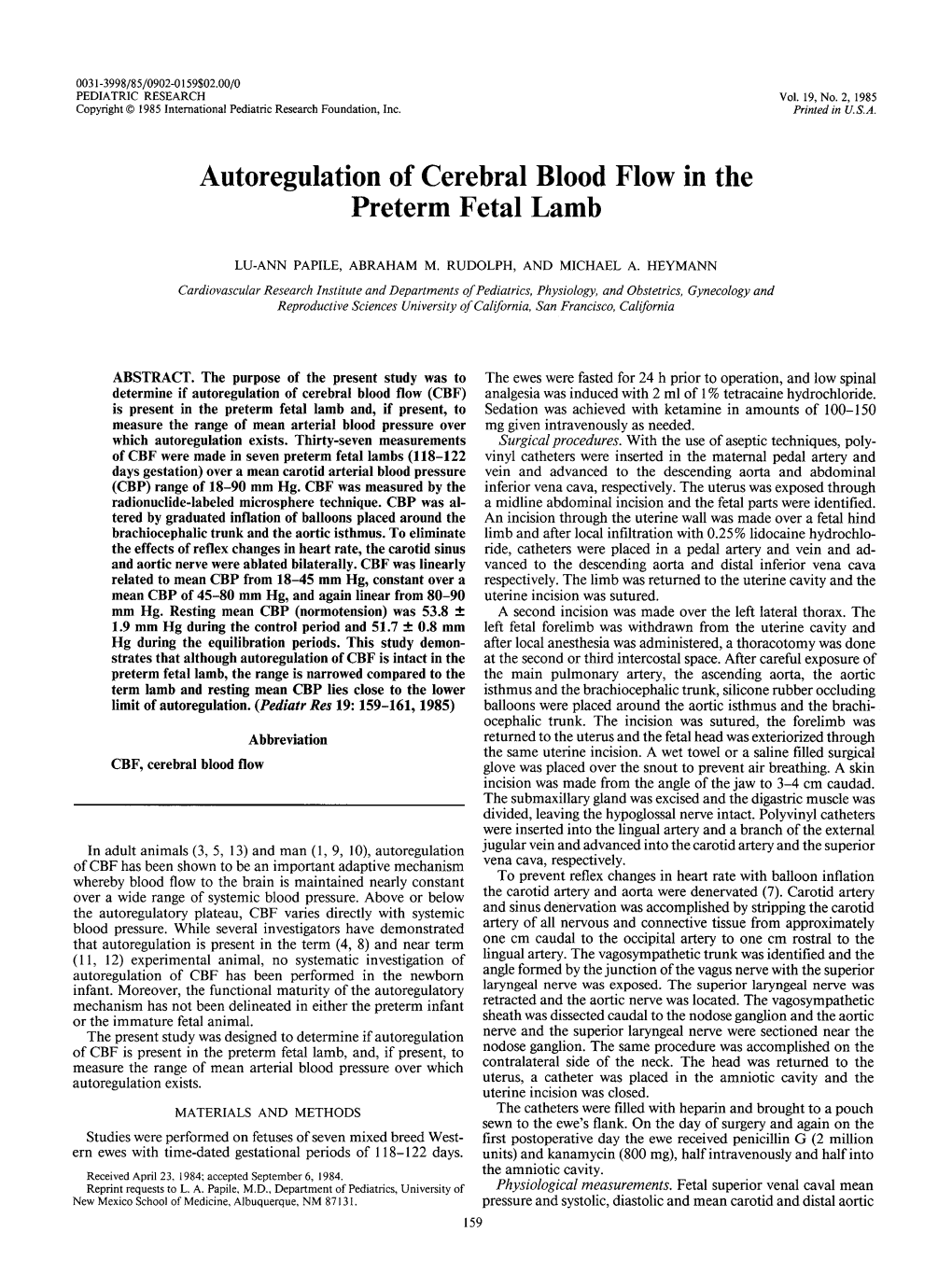 Autoregulation of Cerebral Blood Flow in the Preterm Fetal Lamb