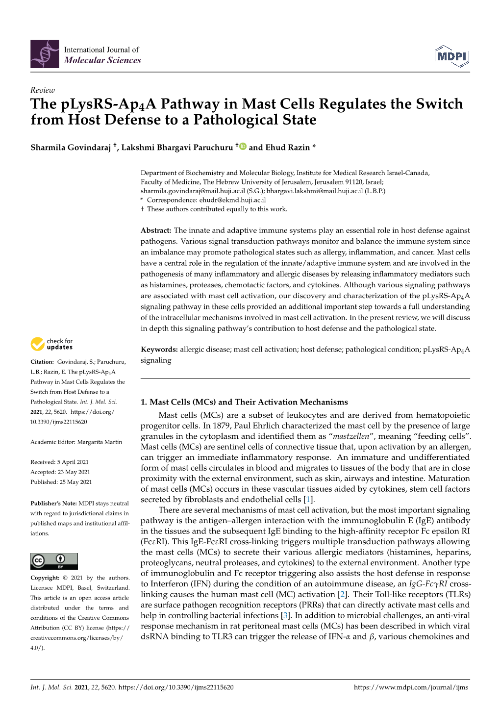 The Plysrs-Ap4a Pathway in Mast Cells Regulates the Switch from Host Defense to a Pathological State