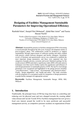 Designing of Facilities Management Sustainable Parameters for Improving Operational Efficiency