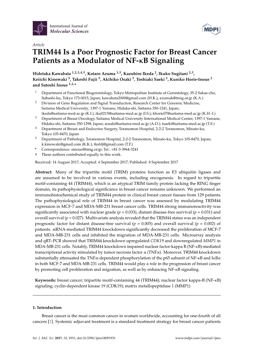 TRIM44 Is a Poor Prognostic Factor for Breast Cancer Patients As a Modulator of NF-Κb Signaling