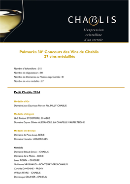 Palmarès 30E Concours Des Vins De Chablis 2016