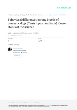 Behavioral Differences Among Breeds of Domestic Dogs (Canis Lupus Familiaris): Current Status of the Science
