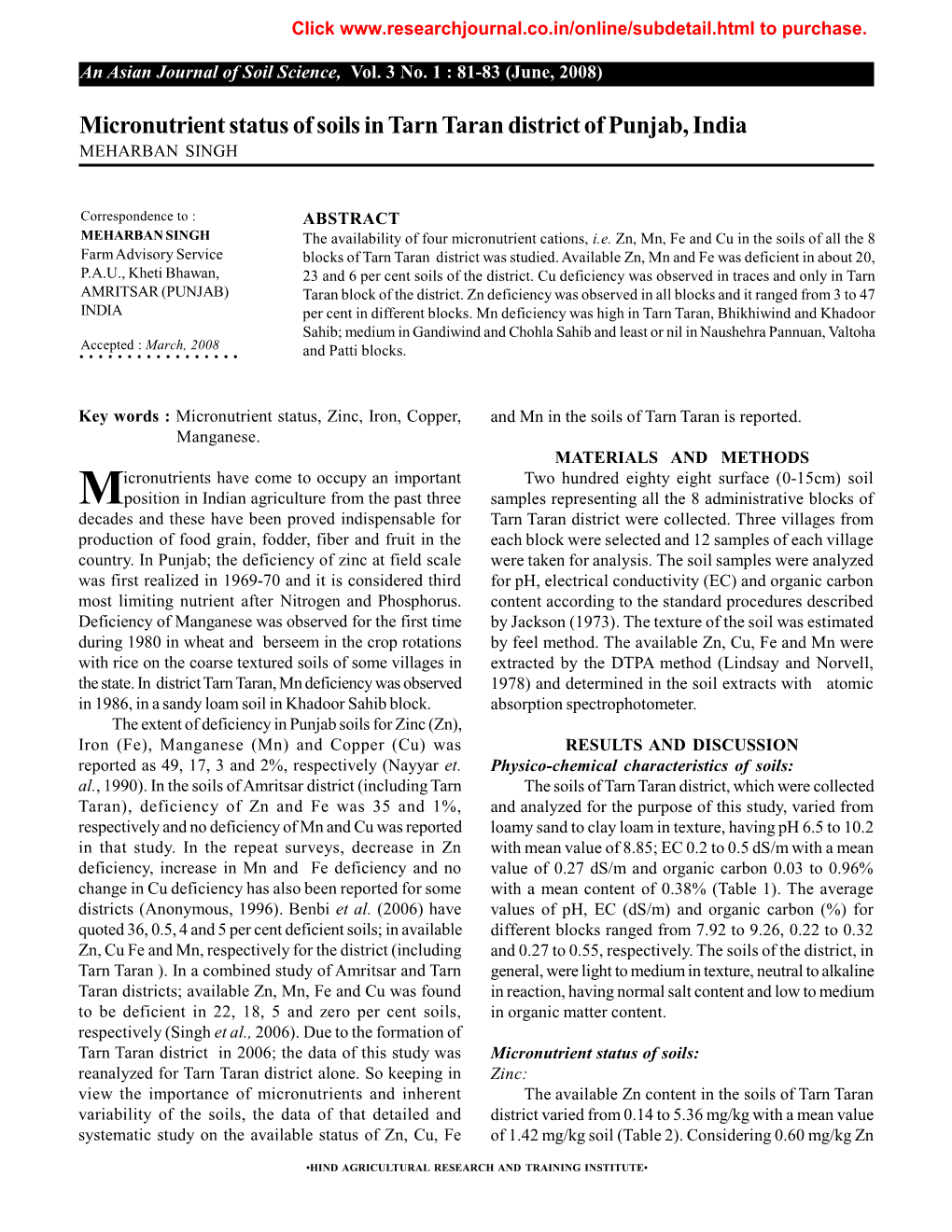 Micronutrient Status of Soils in Tarn Taran District of Punjab, India MEHARBAN SINGH