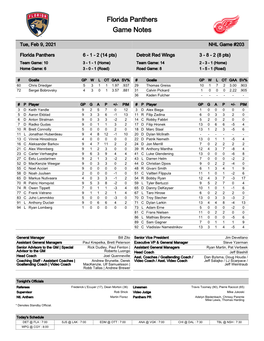 Florida Panthers Game Notes