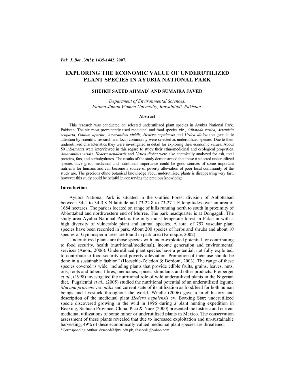 Exploring the Economic Value of Underutilized Plant Species in Ayubia National Park