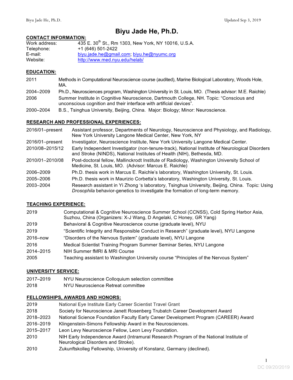 CV for Biyu Jade He, Ph.D