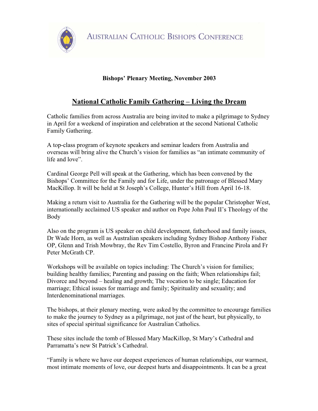 National Catholic Family Gathering – Living the Dream