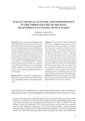 Italian Musical Culture and Terminology in the Third Volume of Michael Praetorius’S Syntagma Musicum (1619)