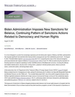 Biden Administration Imposes New Sanctions for Belarus, Continuing Pattern of Sanctions Actions Related to Democracy and Human Rights