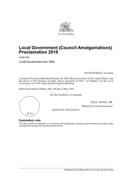 Local Government (Council Amalgamations) Proclamation 2016 Under the Local Government Act 1993