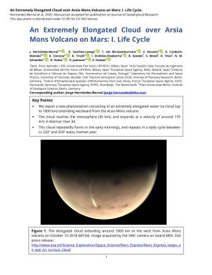 An Extremely Elongated Cloud Over Arsia Mons Volcano on Mars: I
