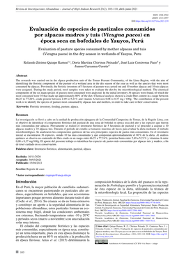 Evaluación De Especies De Pastizales Consumidos Por Alpacas Madres Y Tuis (Vicugna Pacos) En Época Seca En Bofedales De Yauyos, Perú
