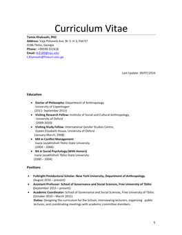 Curriculum Vitae Tamta Khalvashi, Phd Address: Vaja-Pshavela Ave