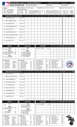 Toronto Blue Jays Vs. Oakland Athletics Thursday, July 3, 2014 W 6:05 P.M