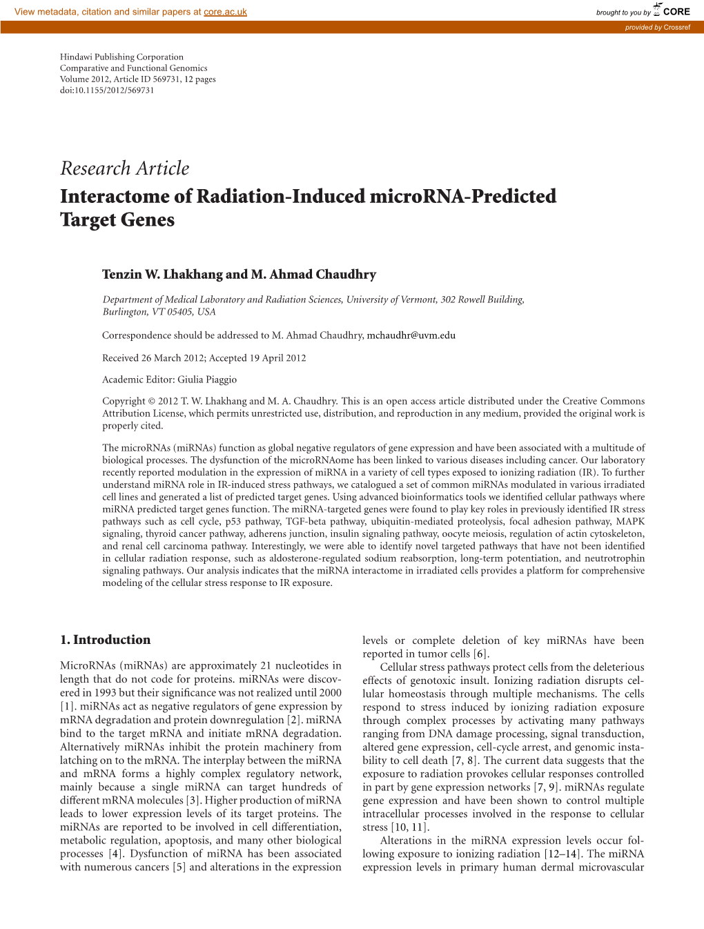 Research Article Interactome of Radiation-Induced Microrna-Predicted Target Genes