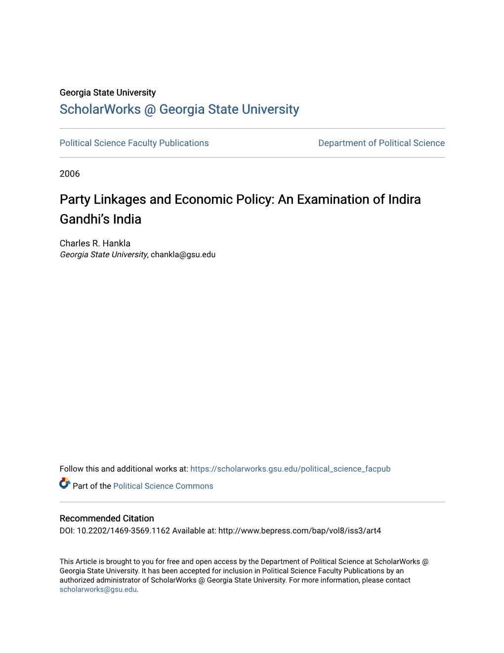 Party Linkages and Economic Policy: an Examination of Indira Gandhi's India