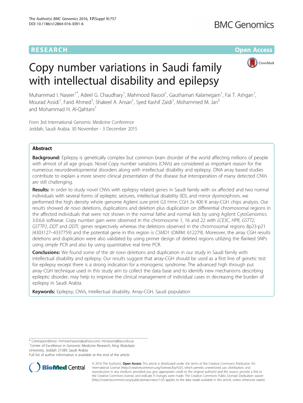 Copy Number Variations in Saudi Family with Intellectual Disability and Epilepsy Muhammad I