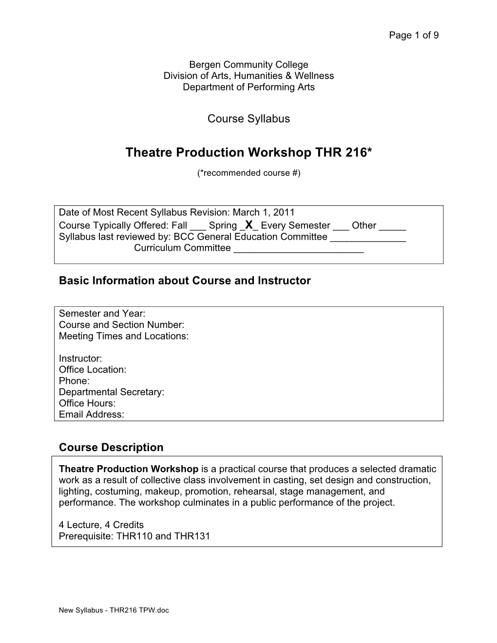 THR-216 Theatre Production Workshop