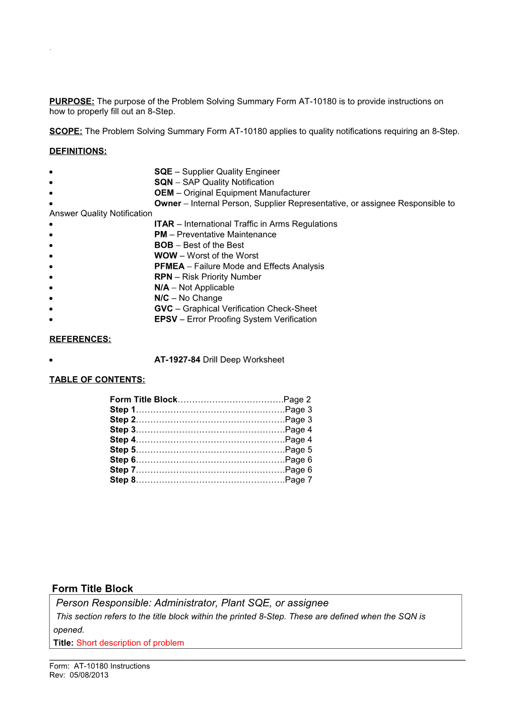 Problem Solving Form (8-Step) - INSTRUCTIONS for AT-10181-1